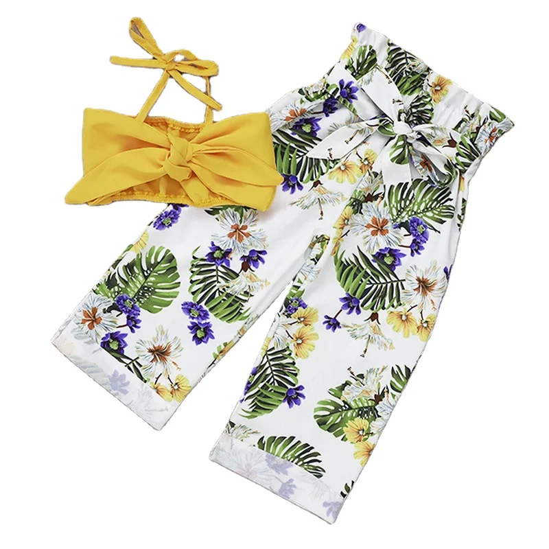 

Children Girls Halter Big Bowknot Tube Top Tropical Print Wide Leg Pant Outfit Kids Summer Outfits, Photo showed and customized color