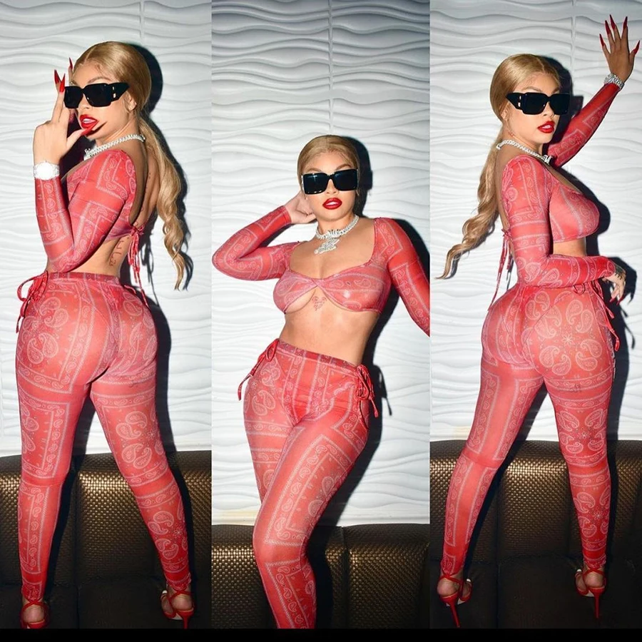 

K20S10316 Autumn Mesh Fabric Backless See Through Skinny Sexy 2021 New Arrivals Sets Womens Clothing Two Piece Outfits