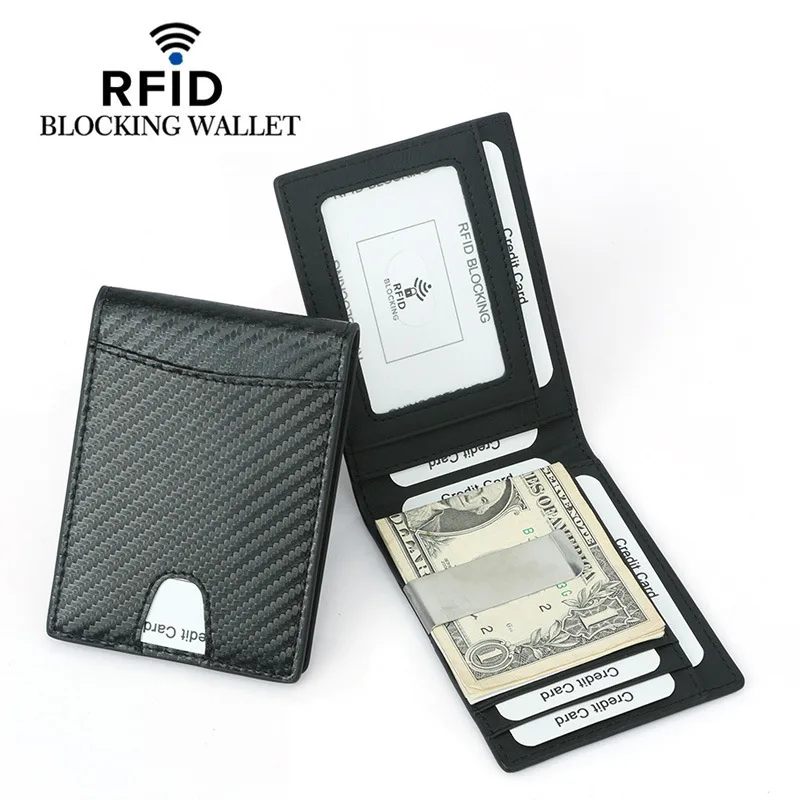 

Latest 2021 rfid Blocking Slim Carbon Fiber Leather Wallet Clip Men Card Holder Front Pocket Bifold Money Dollar Metal Clamp, Black