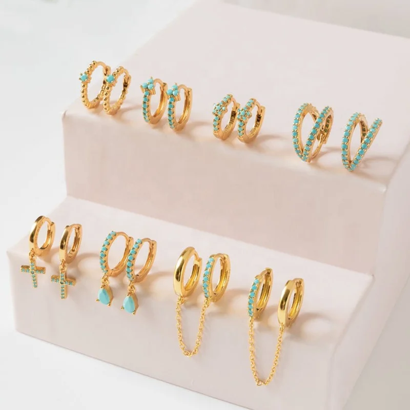 

Luxury Korean Kids Jewelry 925 Sterling Silver Flower Cross Teardrop Turquoise Texture Triple Hoop Earrings Gold Plated, Gold and silver