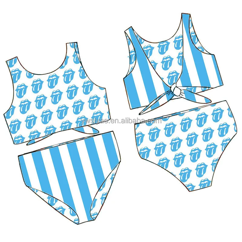 

Boutique Baby Girl Two-piece Bikini Set Lips Print Kids Tie Up Uv Protection Recycled Swimwear Sleeveless Children Beachwear, As picture