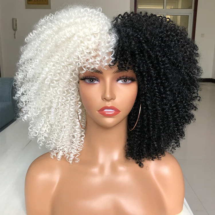 

Wholesale Afro wig accept customize African toupee with bangs short kinky curly hair synthetic wig for black women curly wigs, Starry blue