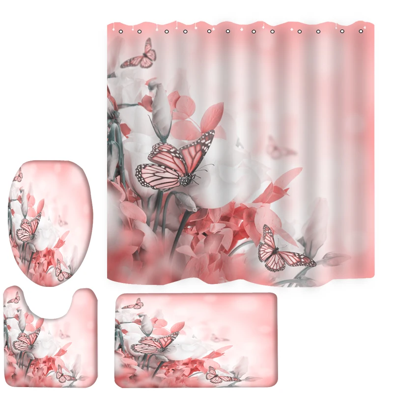 

180x180cm customizable partition bathtub shower curtain bathroom non-slip white flower pink rose mat four-piece toilet set, Picture