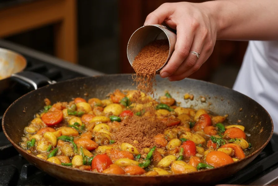 Indian chef adding pinch of asafoetida powder to sizzling oil in traditional kadai pan with vegetables