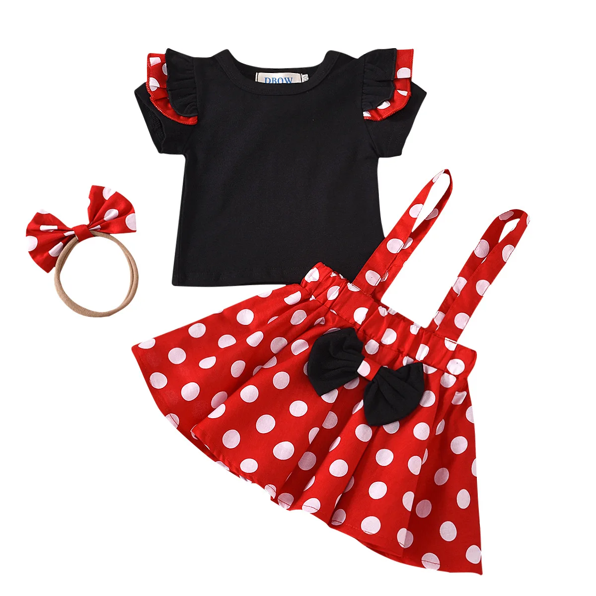 

2021 summer black t shirt and red dot overalls skirt 2pcs set baby dress girls 0-2 T Baby and Toddler Set, 3 colors