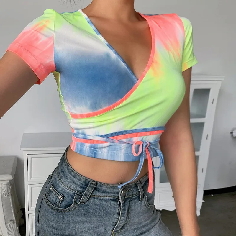 

B52975A Europe women fashion tie-dye print sexy bandage v neck t-shirt, Shown