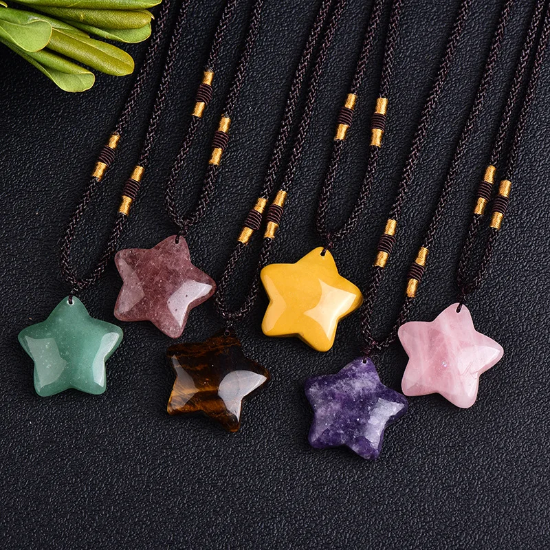 

wholesale natural stone 30MM five pointed star crystal Pendant necklace gemstone rose quartz adjustable jewelry