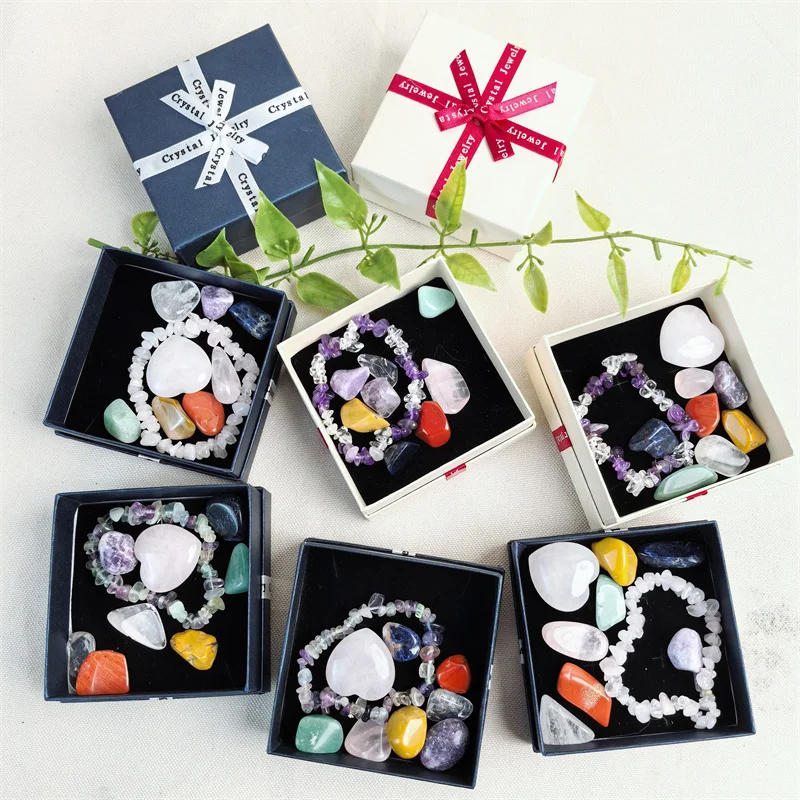 Natural Crystal Chakra Gift Box Bracelet Heart Tumble Stone Healing Set for Gift