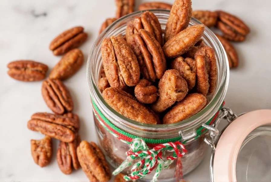 Finished cinnamon sugar pecans in a mason jar with holiday ribbon, showing perfect golden brown color and individual separation