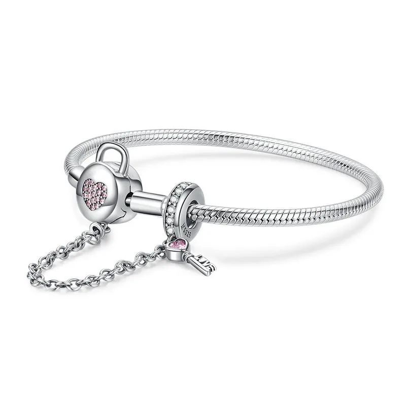 

Snake Bracelets Women Gift Pink CZ Heart Lock and Key Safety Chain 925 Silver Charm Bangle Bracelet