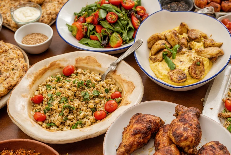 Various Mediterranean dishes seasoned with Aleppo pepper flakes including hummus, roasted vegetables, and grilled chicken