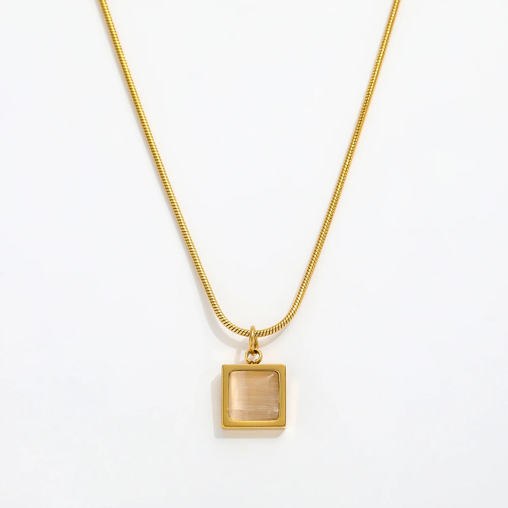 Joolim Jewelry 18K Gold Plated Square Moonstone Pendant Necklace Stainless Steel Jewelry Wholesale