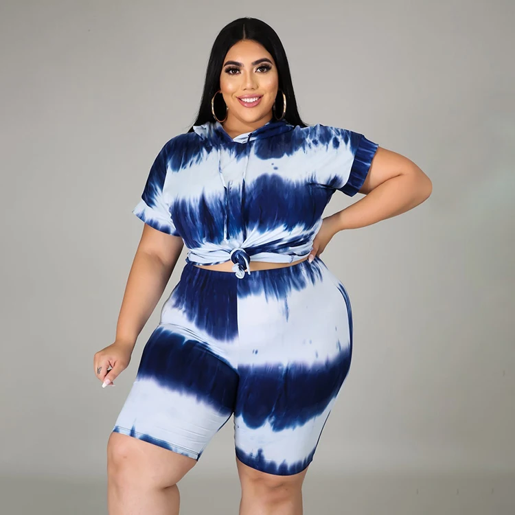 

Tie Dye Hooded Collar Short Sleeve Tees With Half Pants Comfy Lounge Set Women Plus Size Woman Summer Clothes -YS, Black,blue