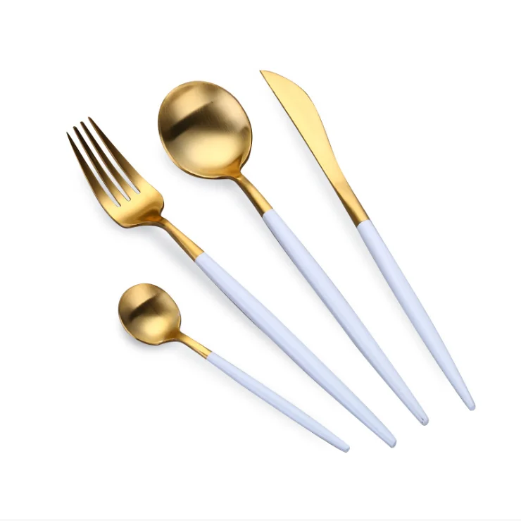 

Popular print gold flatware set for family hotel restaurant knives forks and spoons stainless steel cutlery set