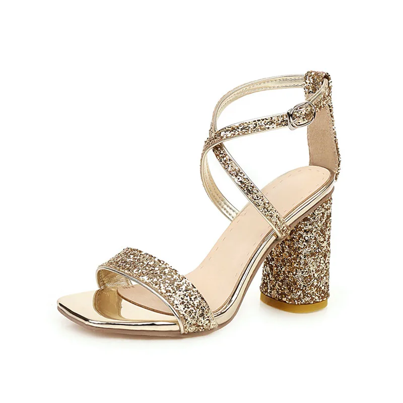 

Summer Open Toe Sexy Cross-Strap High Heel Ladies Sequins Sandals, Gold/silver/white