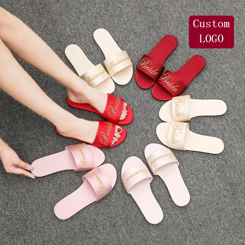 

Customized LOGO red wedding essential bridal slippers satin robe matching sandals hotel bridesmaid gift women's slippers