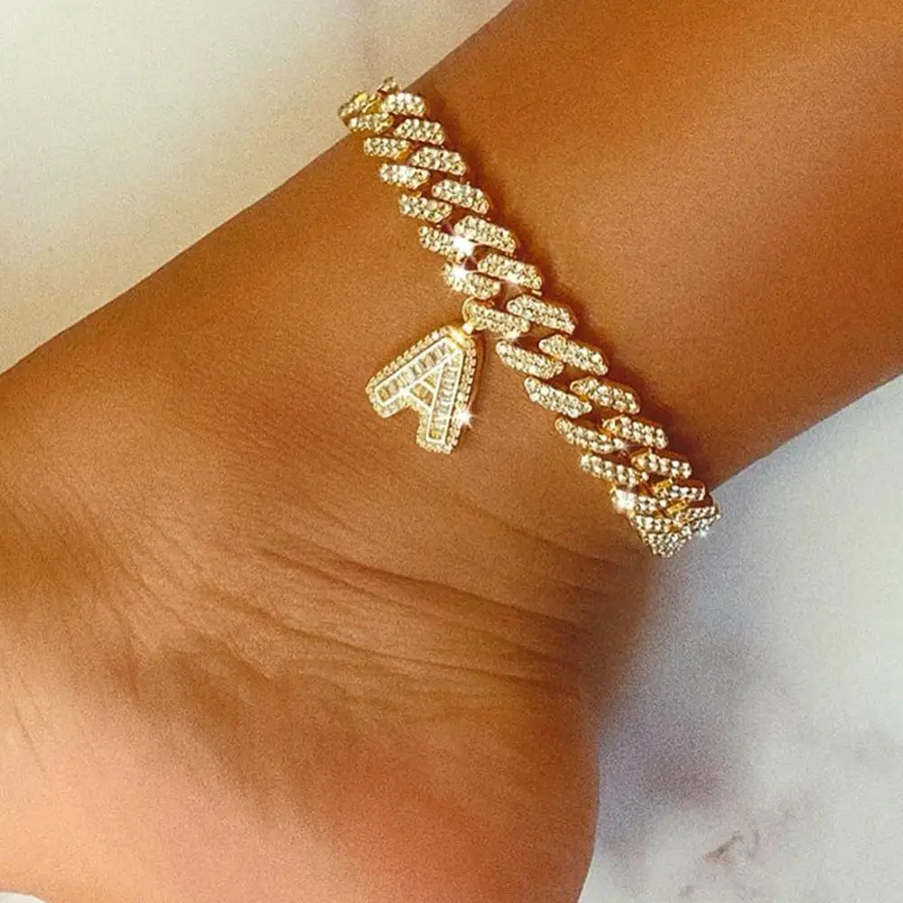 

Rhinestone Foot Jewelry Wholesale DIY Initial Cuban Link Chain Anklet Iced Out Letter Anklet For Women Hip Hop Cuban Anklet