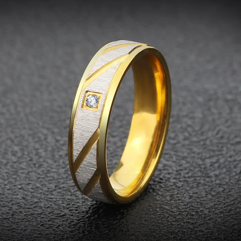 

European and American fashion titanium steel ring simple personality brushed zircon stainless steel gold-plated gold finger ring