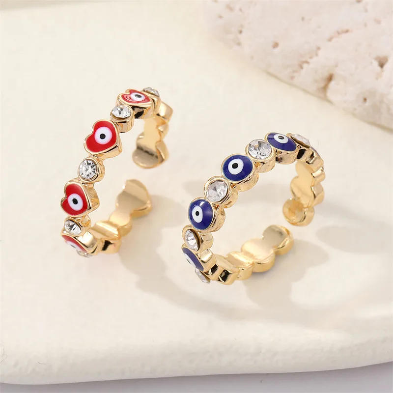 

Personality Dripping Oil Rhinestone Eye Ring Peach Heart Evil Eye Zircon Open Rings Jewelry Women