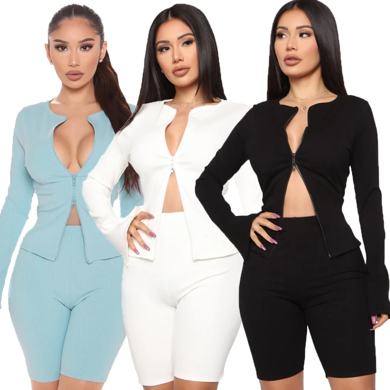 

Fashionable Bodycon long sleeve ribbed crop Tops with Shorts outfits two piece set