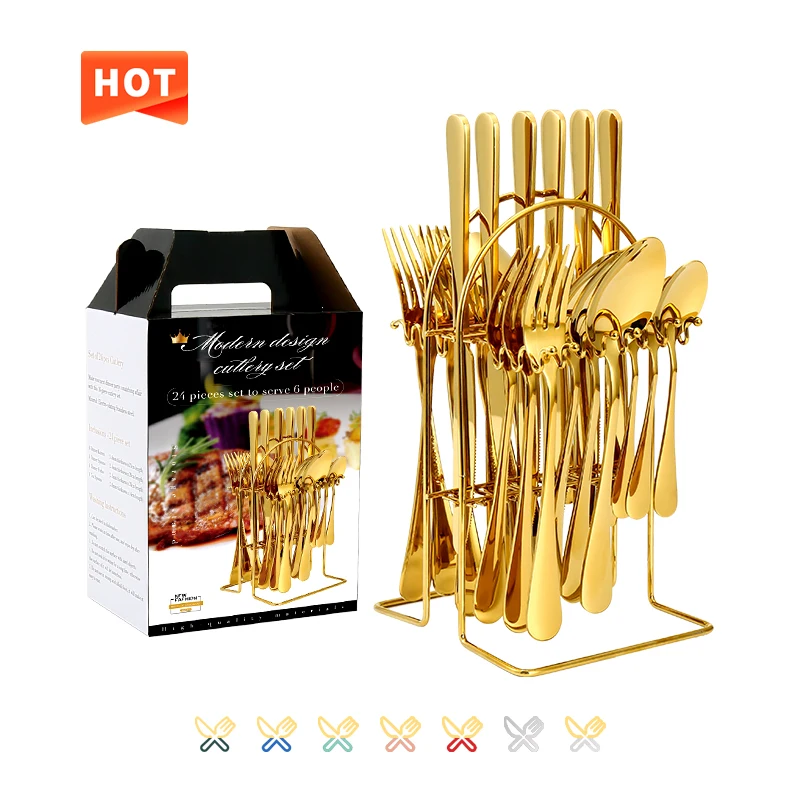 

Luxury Royal 24 Piece Gold Flatware Stainless Steel Spoon And Fork Set 24pcs Cutlery Set With Rack, Silver/ gold/ black/ rose gold/gold + color handle