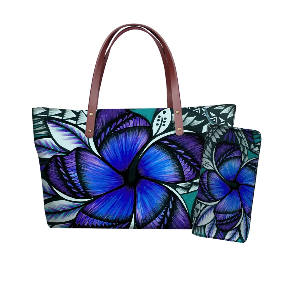 

Polynesian Tribal Blue Flower Design Woman Hand Bags Luxury Handbags for Ladies Custom Fashionable Print Handbags and Purses Set