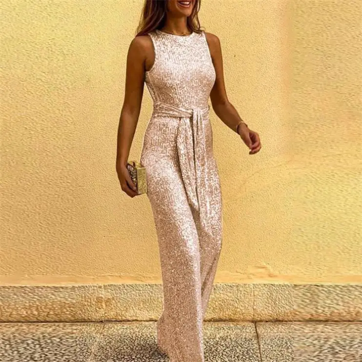 

PEARL Sleeveless Women Jumpsuits And Rompers Crew Neck Sequins Hollow Out One Piece Jumpsuits