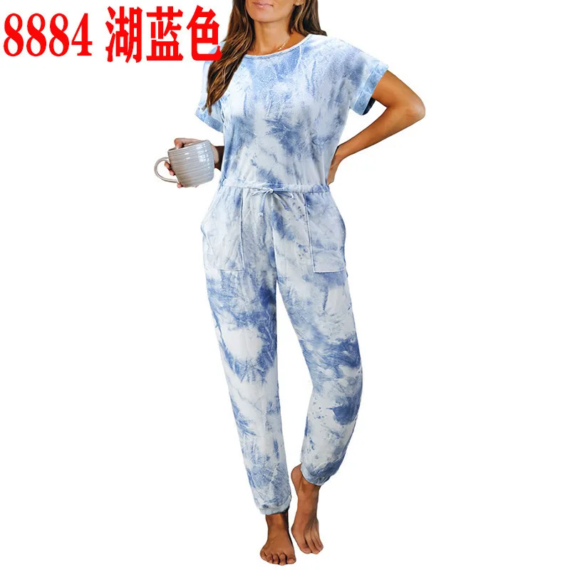 

WW-0212 Tie-dye Sleeper Summer Loose Short Sleeve Round Collar Leisurewear. Lady Tie Dye Women Sets One Piece Pajamas, Same as picture