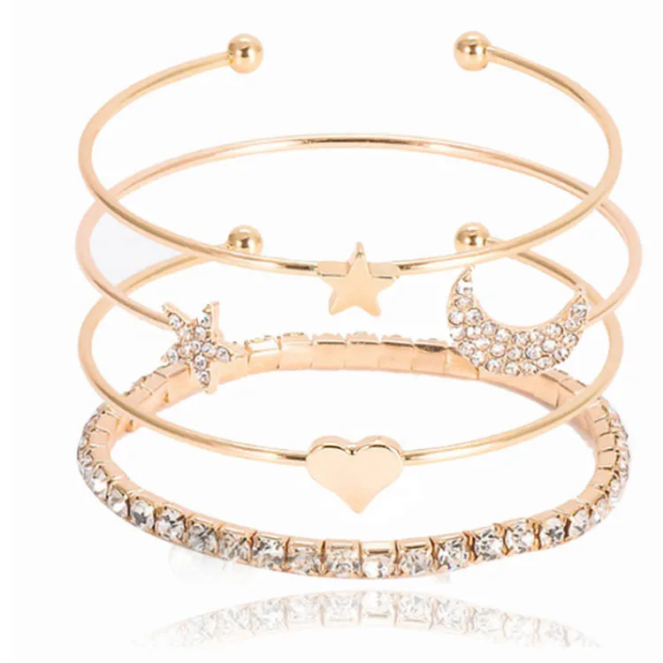 

Hot sale Wholesale 4pcs jewelry Simple fashion star moon studded glossy heart jewelry bracelet set, As pic