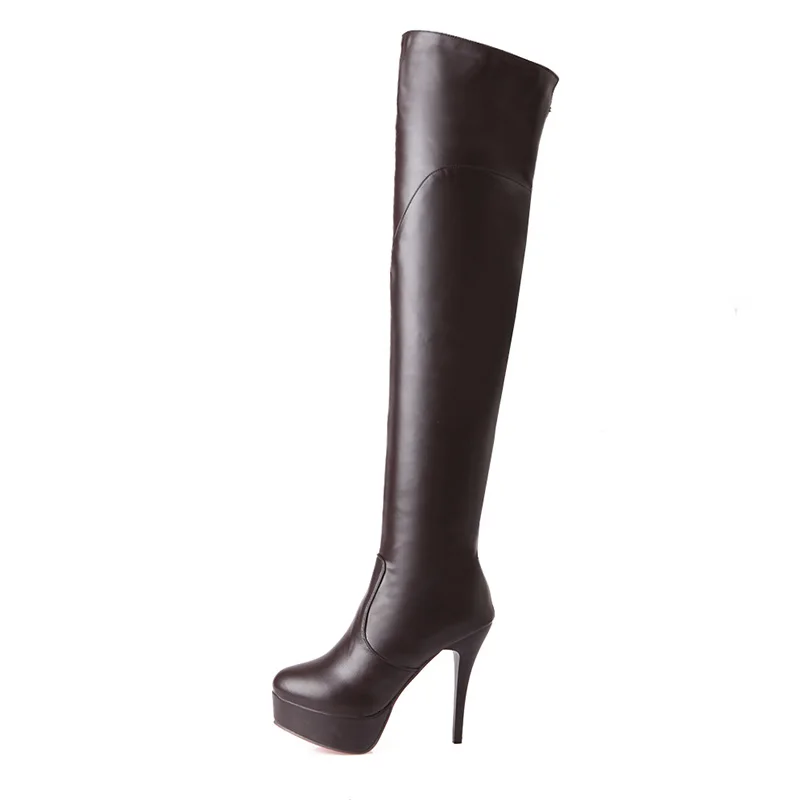 

Over-the-Knee Round Head Waterproof Platform Side Zipper Stilettos Ladies Boots, Black white