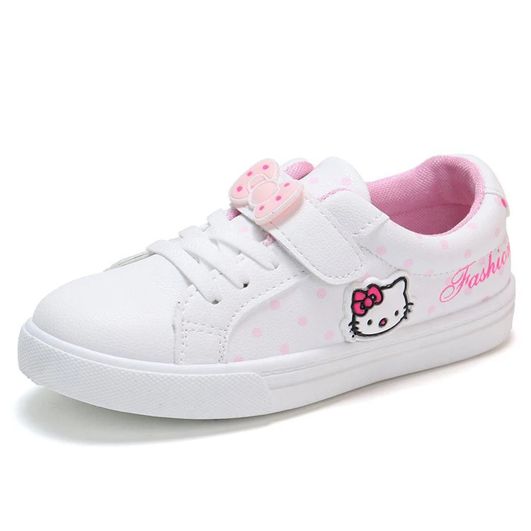 

white pink hello-kitty cat kids sweet cute school sport leather footwear student girl casual children sneaker shoes