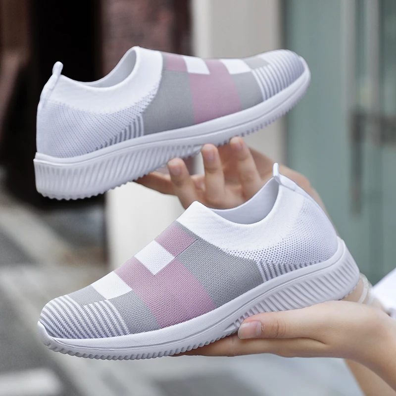 

Womens Casual Shoes Woman Mesh Sneakers 2021 New Spring Knitted Flat Ladies Slip on Shoes Female Footwear Plus Size 35-43