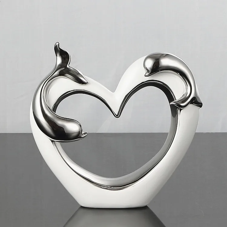 

New custom romantic double dolphins wedding gift silver plated ceramic indoor office desktop decoration, Silver/white