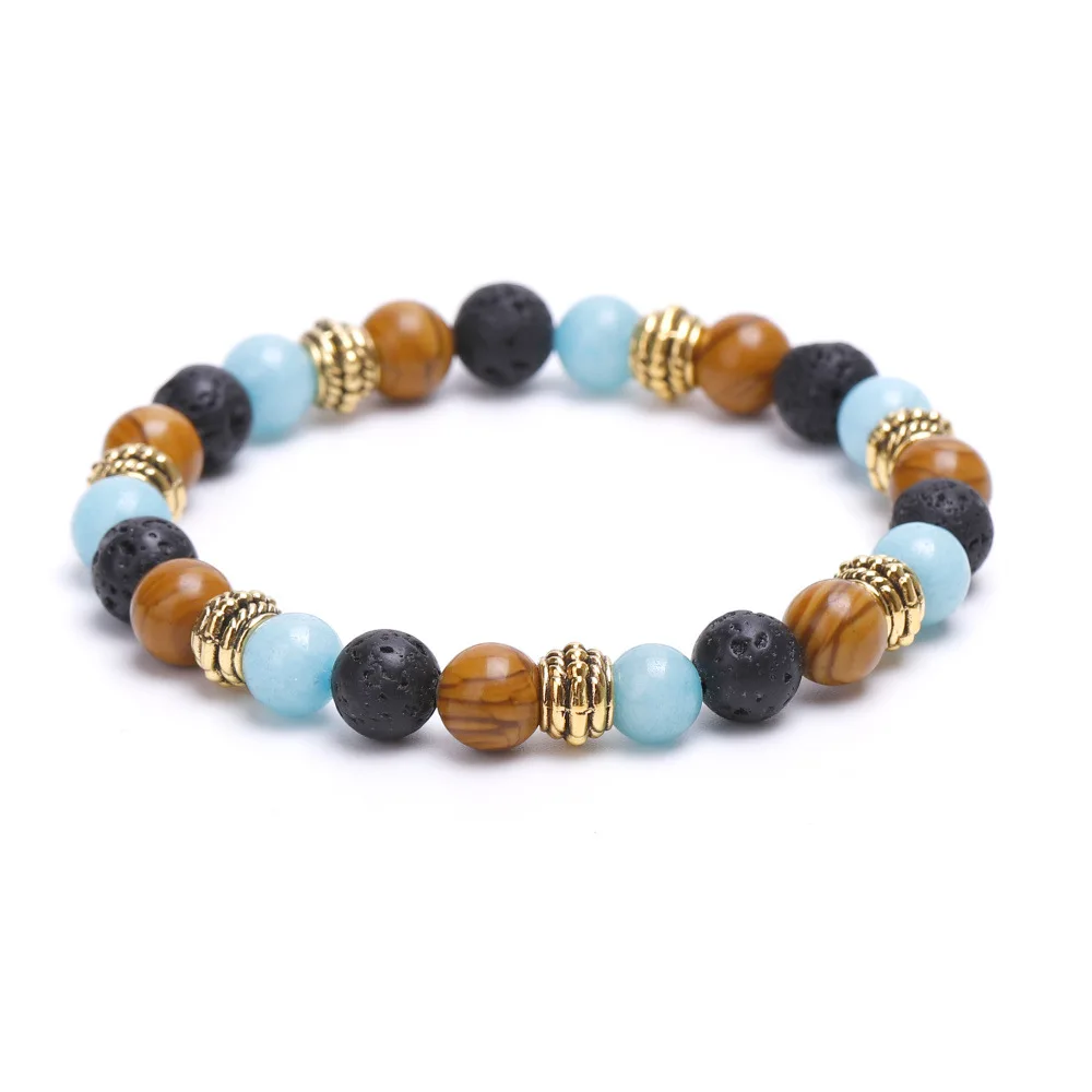 

Natural Stone Beaded Volcanic Stone Wood Grain Stone Bracelet Couple Friendship Bracelet, As picture