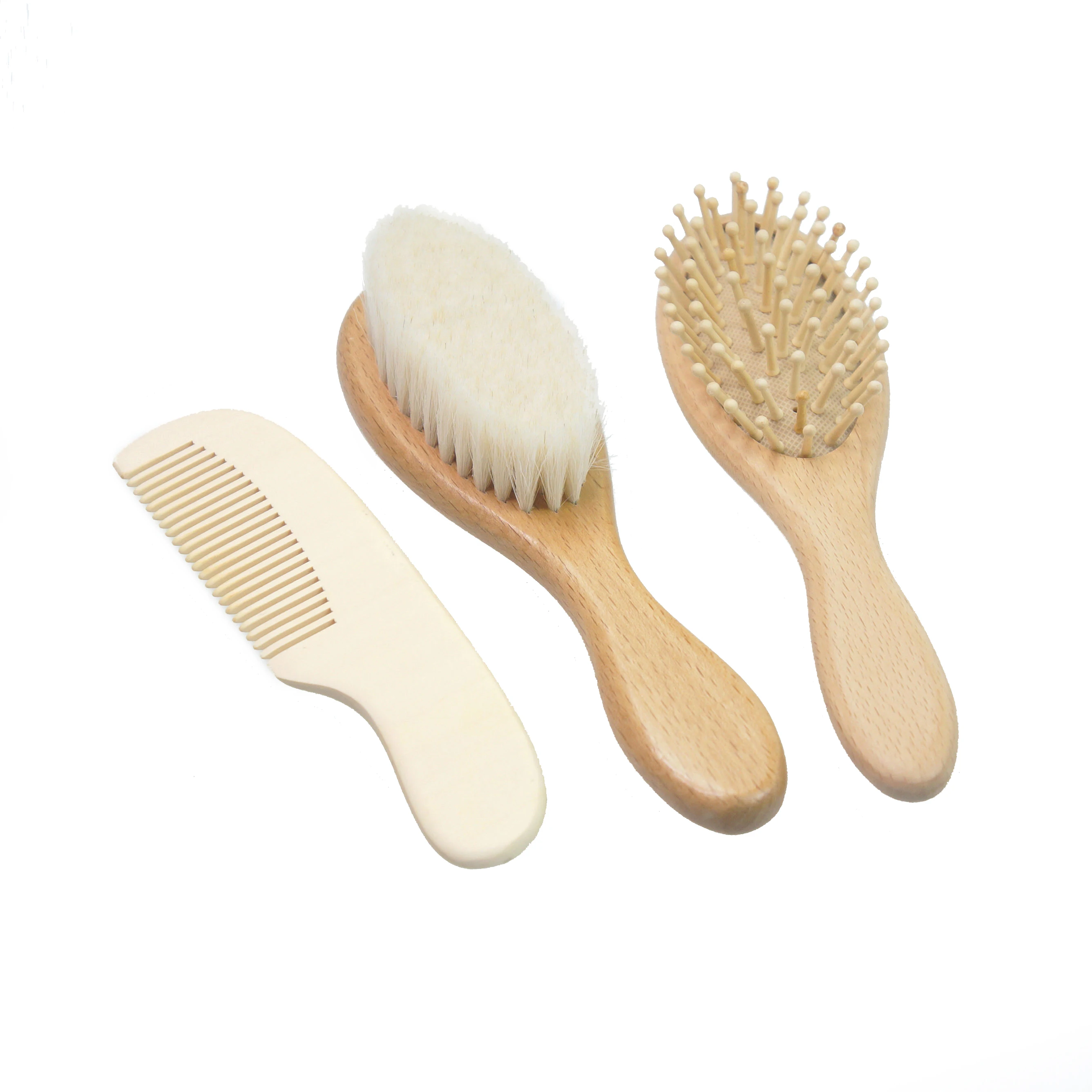 

Hot selling 3 comb set natural wooden hair brush mini comb wool soft baby hair brush