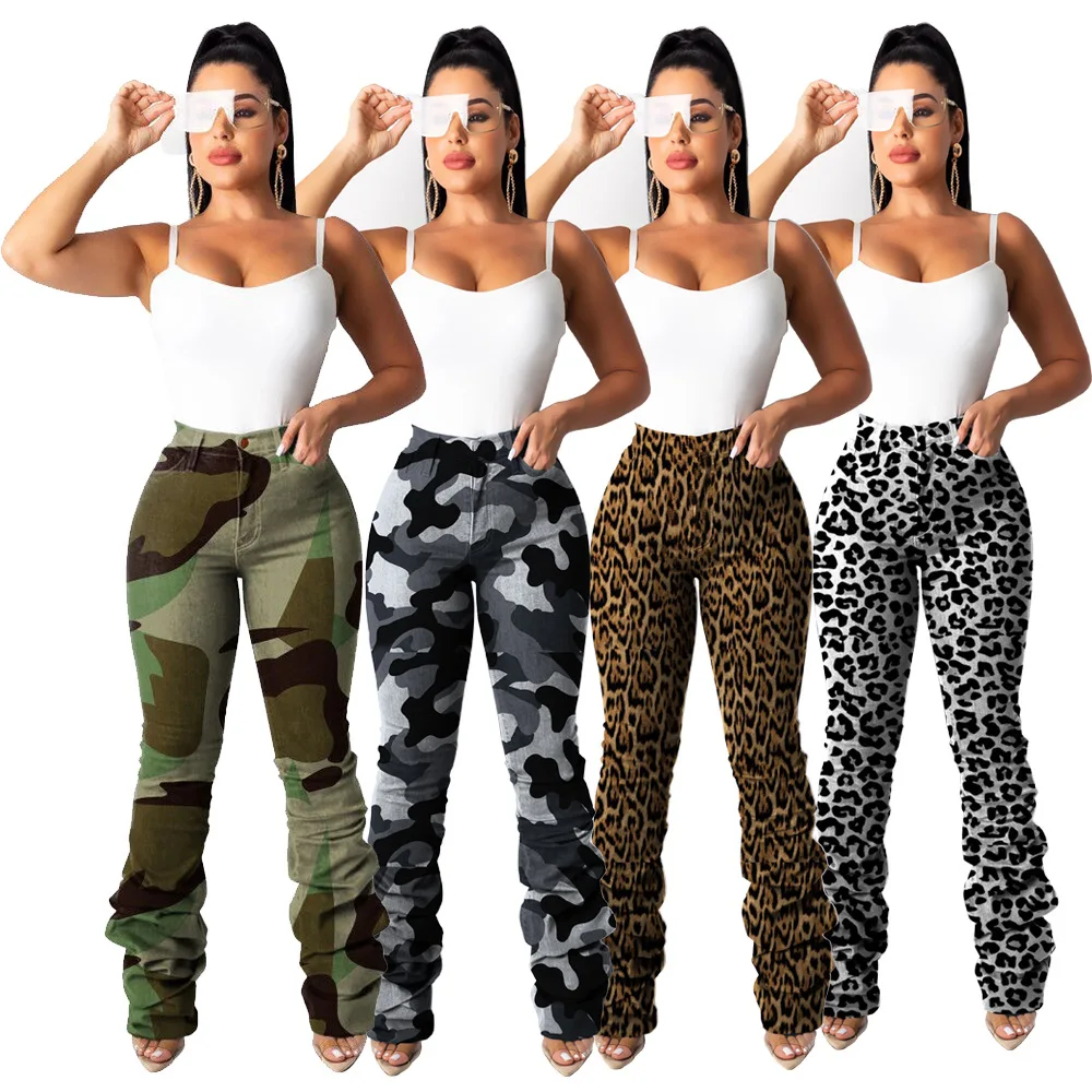 2019 Women Clothes Camo Pants High Waist Pants Pleated Jeans Pants Trousers