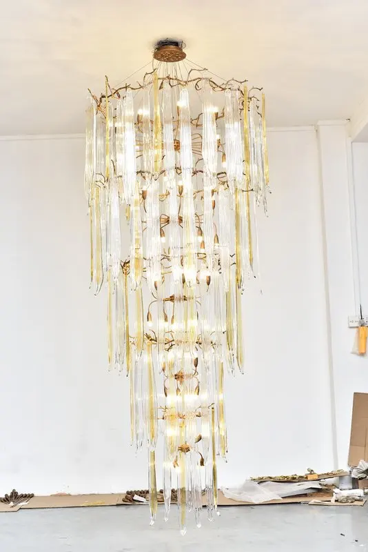 MEEROSEE Modern Hotel Foyer Villa Large Hanging Light Fixture Copper Crystal Long Staircase Chandelier for High Ceiling MD86942