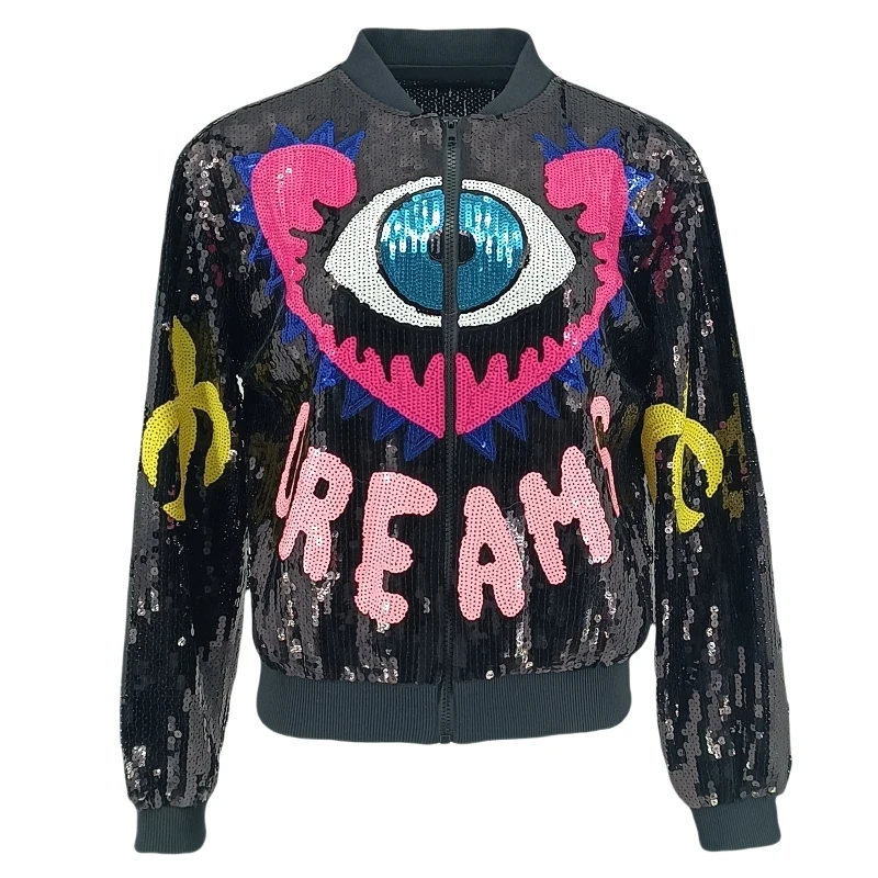 Eye Letter Sequin Baseball Bomber Jacket
