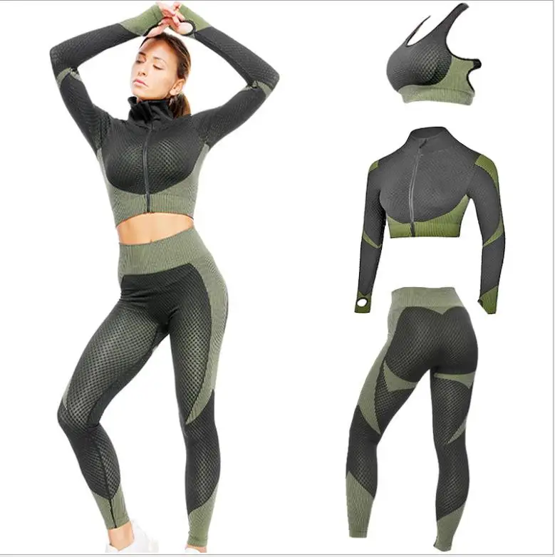 

2021 New Arrival OEM 3 Piece Fitness Yoga Pants Leggings And Sport Bra Top Yoga Jackets, As show
