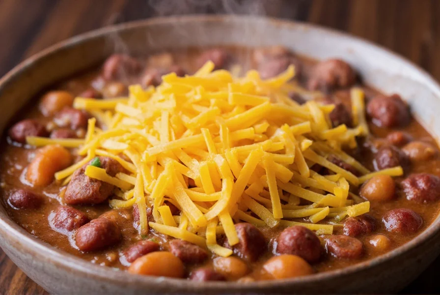 Sharp cheddar cheese shredded over steaming bowl of beef chili with toppings