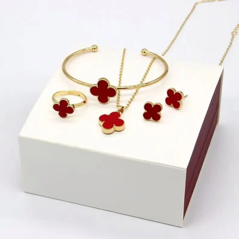

4pcs/set popular gold plated classic four leaf clover set earrings necklace bracelet ring clover jewelry set for women