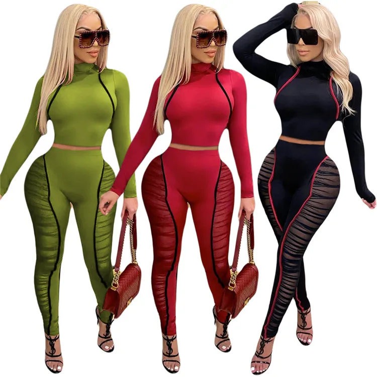 

Sport Lady Skinny High Collar Tops And Stitching Pants Plus Size Sexy Fall Winter Women 2 Piece Set, Picture