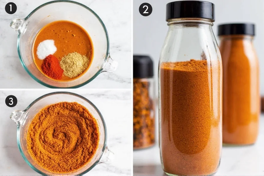 Step-by-step preparation of homemade ghost pepper seasoning showing mixing process and final product in spice jars