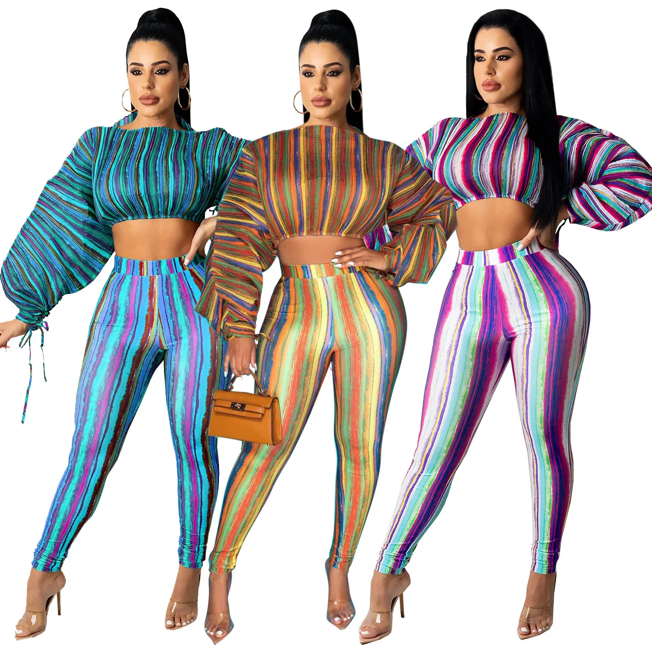 

Stylish leisure print drawstring lantern sleeves crop top fall set woman leggings two piece pants set