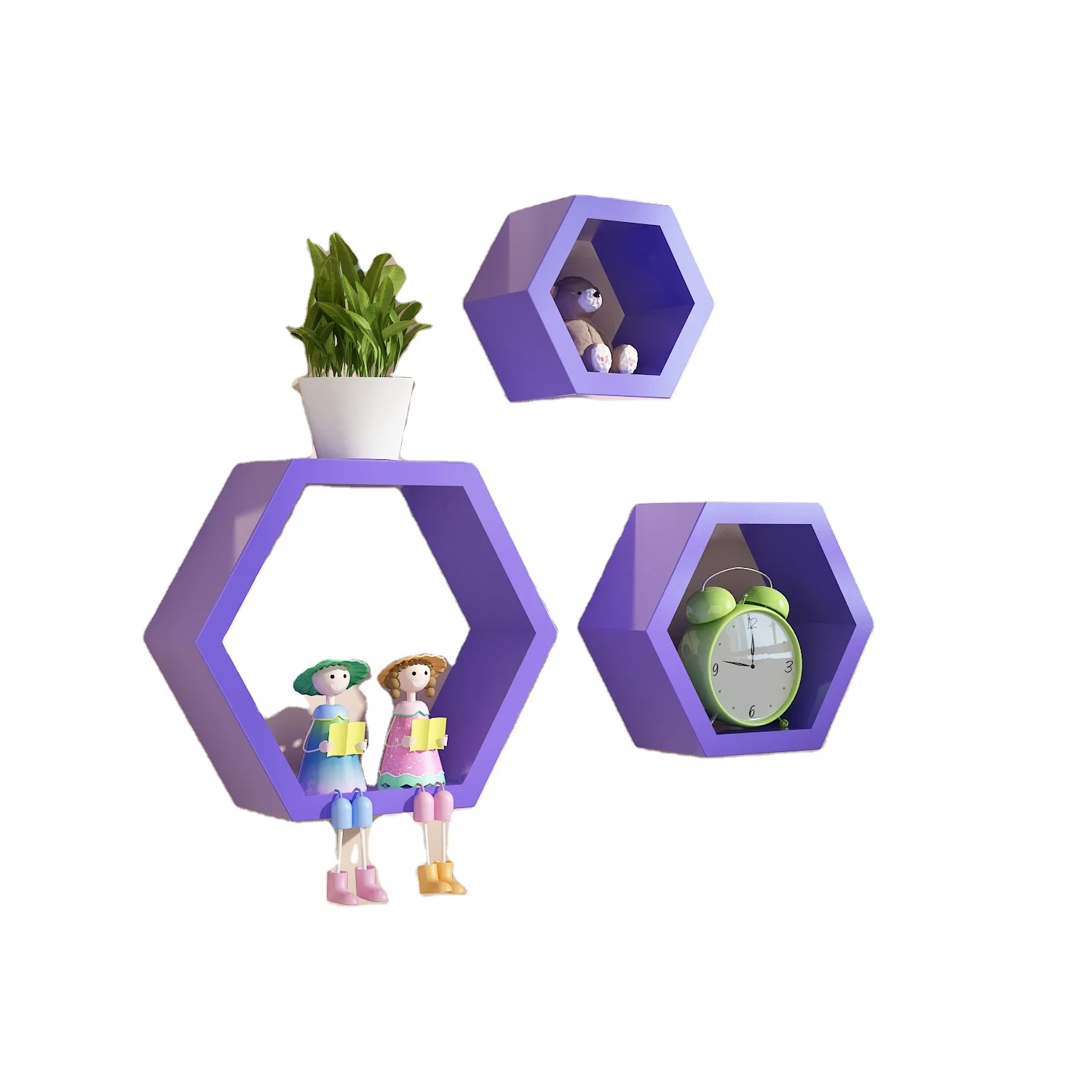 

Free sample hexagon wall-mounted bookshelf home decoration, Yellow/green/purple/white