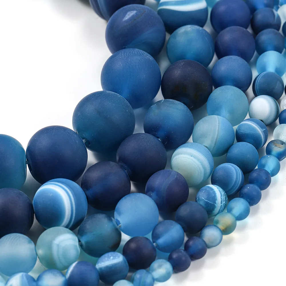 

Fashion Blue Line Agate Frosted Gemstone Loose Beads Matte Natural Blue Agate Stone Loose Beads