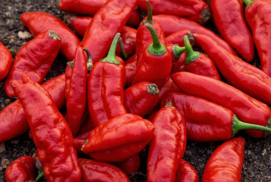 Close-up photograph of flaming doctor pepper pods showing their distinctive wrinkled texture and vibrant red color against dark soil