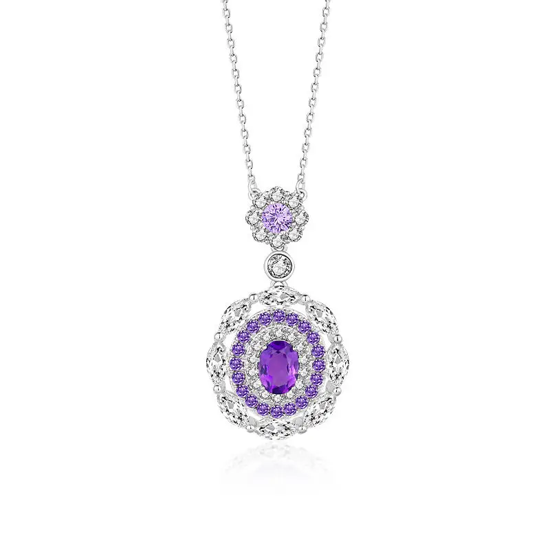 

Exquisite Appearance Purple Gemstone 925 Silver Rhodium Plated Oval Cut Amethyst Pendant Necklace Jewelry