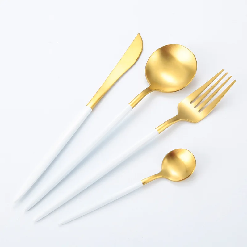 

Portugual Style PVD Coating White Handle Gold Plated Cutlery Set Stainless Steel Crockery, Gold and white