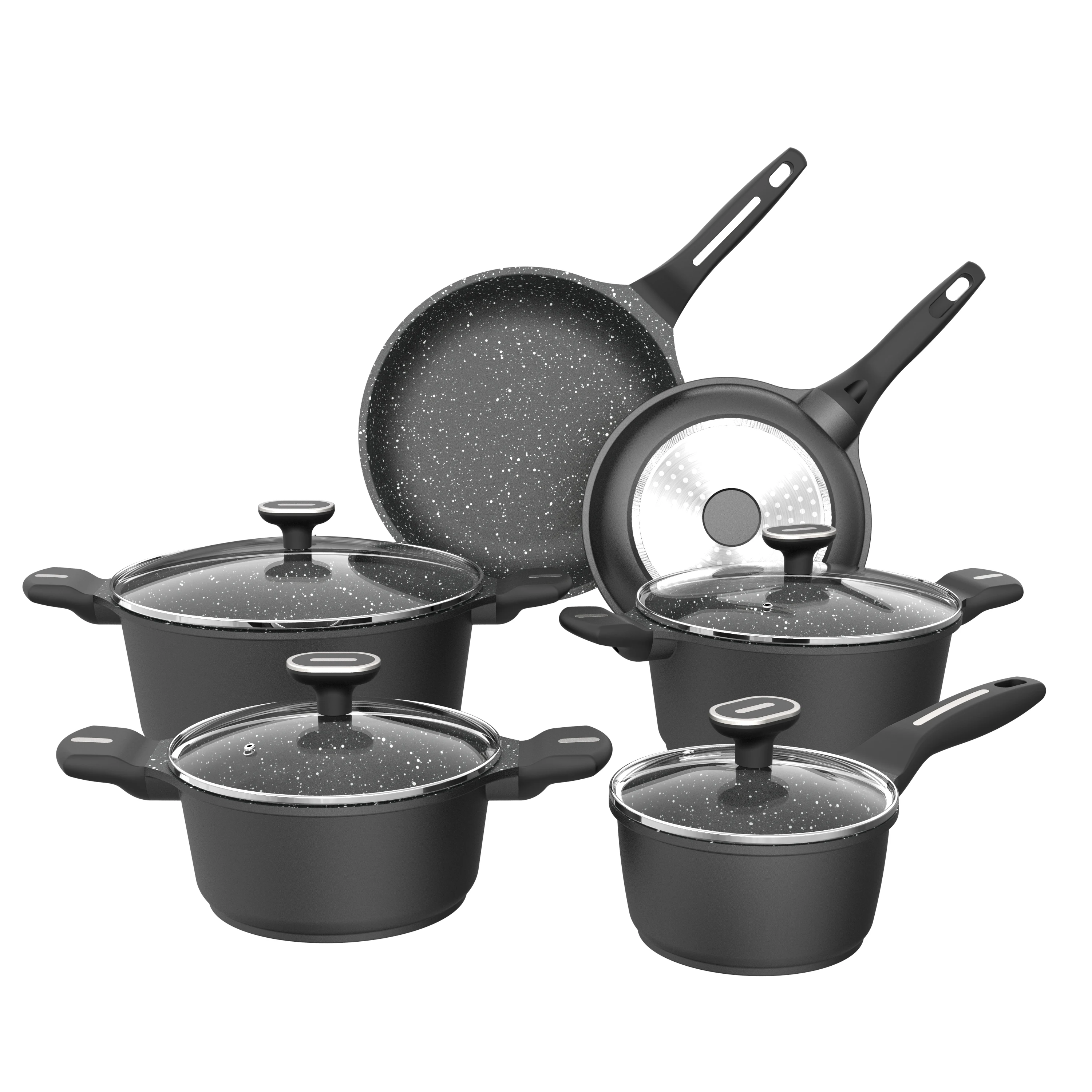 

BESCO Escalation Series 10pcs Non Stick Cooking Pot Set Big Cooking Pots Casting Aluminum Sets with Induction Bottom Black